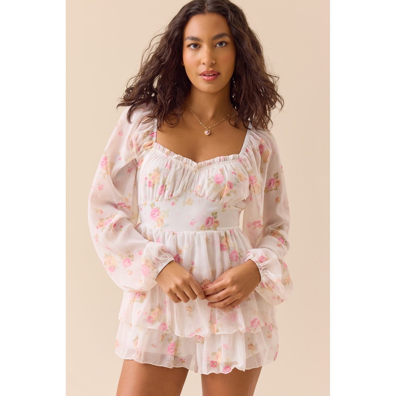 Altar'd State Floral Chiffon Ruffle Romper White Pink Long Sleeve Size Xs Nwt